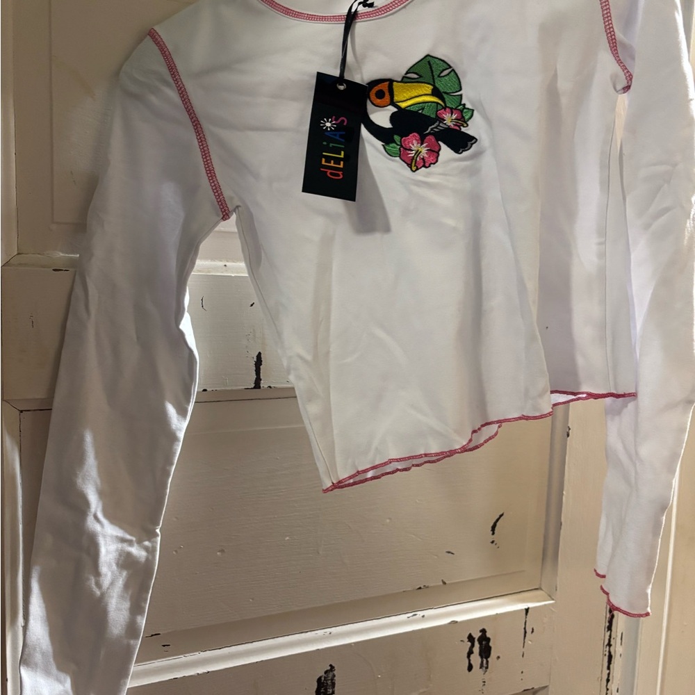 Dolls Kill White Long Sleeve Top with Toucan Patch